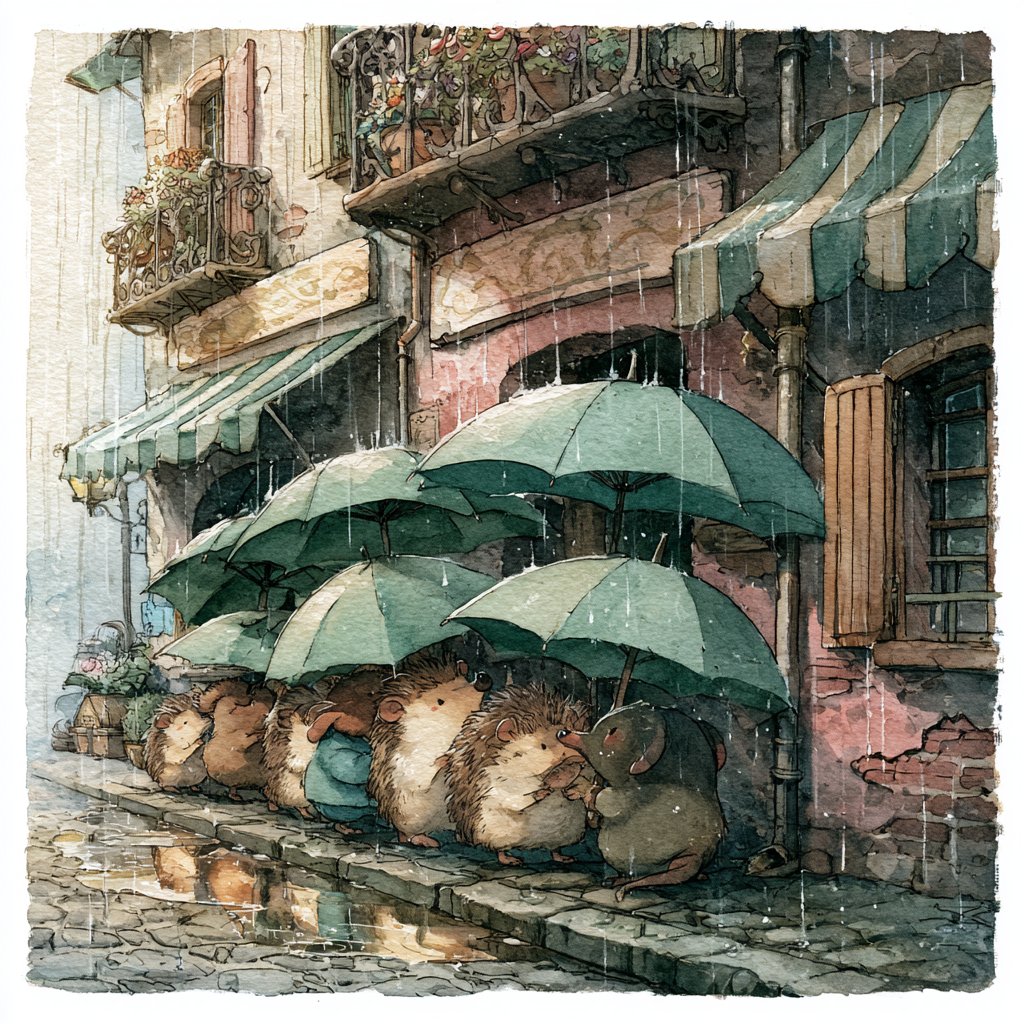 雨光小志👇👇👇 一小群[SUBJECT]拟人化的动物村民聚集在鹅卵石铺就的村庄街道的雨伞和雨篷下，以松散晕染的水彩渲染配合自信的细线墨线勾勒，绘本插画风格，柔和的纸张颗粒质感，柔和的大气雨丝向...