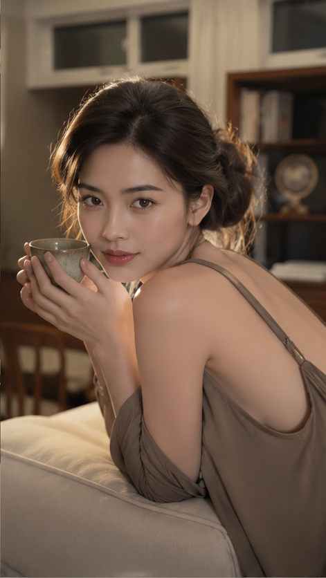 GPT Image 2 on ChatGPT Prompt⬇️⬇️⬇️ 写实竖幅室内生活方式人像，温暖惬意写真摄影风格。成年东亚女性，21岁以上，双手捧着陶瓷杯靠近嘴唇，倚靠在奶油色沙发背部。...