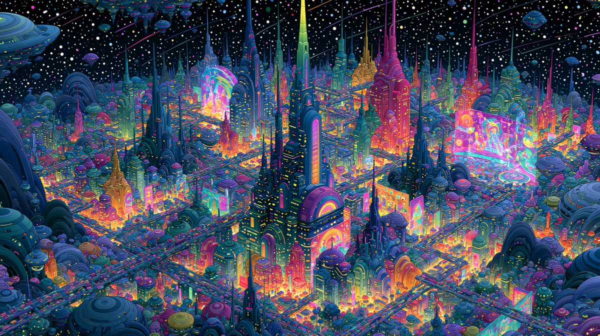 一座坐落在遥远外星球上的庞大都市，从轨道俯瞰，可见高耸的尖塔、悬浮的交通通道以及巨型全息广告牌，一切散发着明亮、大胆、美丽、对比鲜明且闪耀的霓虹...