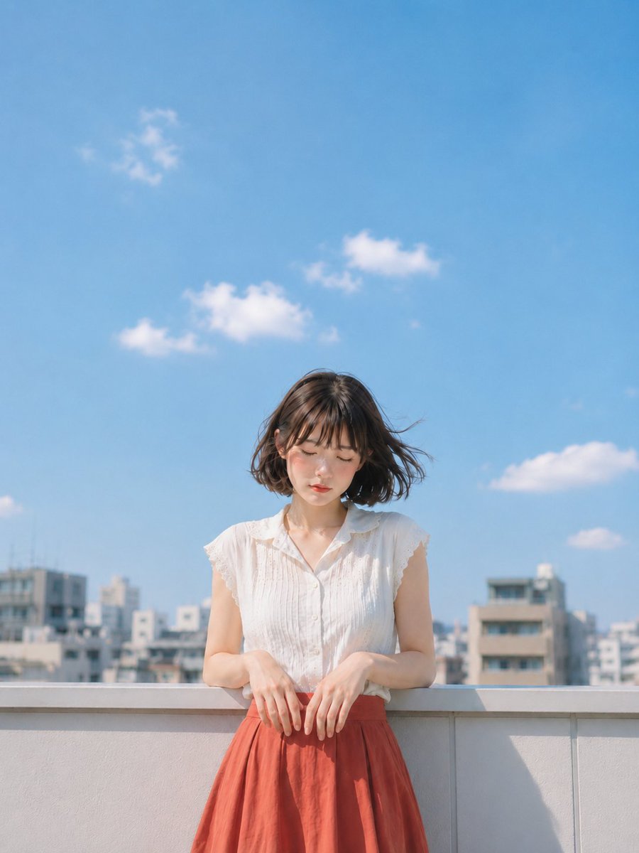 【GPT Image2プロンプト】 主題： 雲を数える手 主体： 縦長4:5の写真風ポートレート。明るい夏空の下、都会のマンション屋上で、自然な雰囲気の女性が白い手すりにもたれて立っている。人...