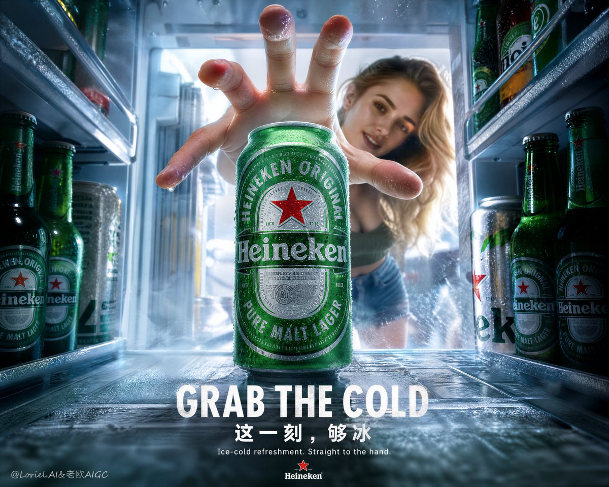 扭曲的手指, 手部解剖结构错误, 产品可见度弱, 冰箱杂乱, 构图凌乱, 廉价饮料广告, 卡通写实风格, 罐身细节不足, Heineken 品牌标识错误, 过度结霜, 浑浊的光线, 低端排版