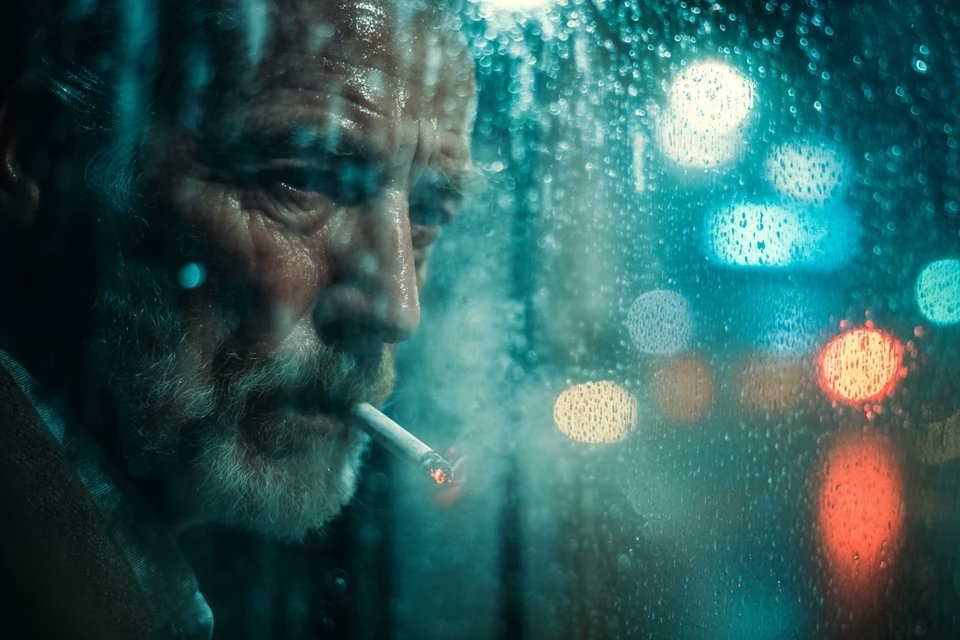 透过布满雨滴的玻璃看到的逼真[主体]。雾气弥漫的氛围，冷色调电影感光影，蓝光与钨丝灯光交织，伴有散景扭曲。情绪化且富有感染力，具备电影剧照的美学风格。 试试看，并分享你的作品 🔥