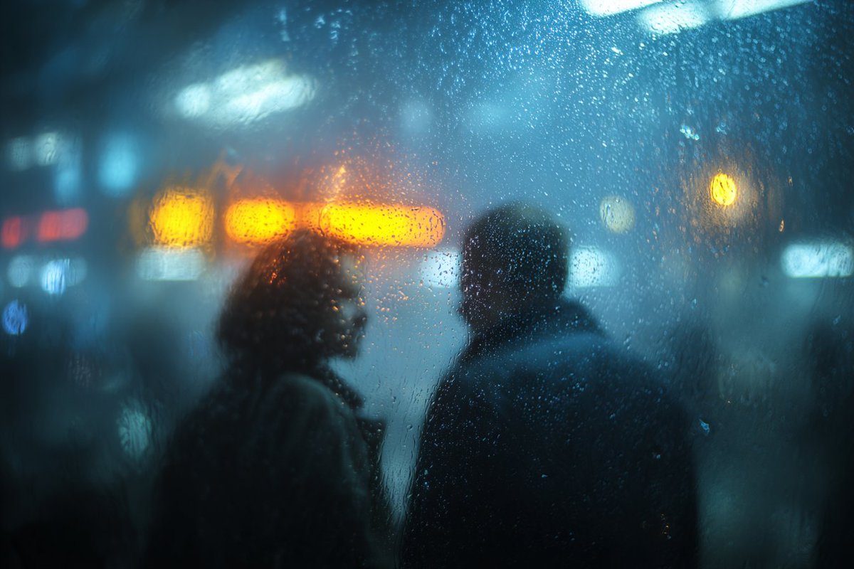 透过布满雨滴的玻璃看到的逼真[主体]。雾气弥漫的氛围，冷色调电影感光影，蓝光与钨丝灯光交织，伴有散景扭曲。情绪化且富有感染力，具备电影剧照的美学风格。 试试看，并分享你的作品 🔥