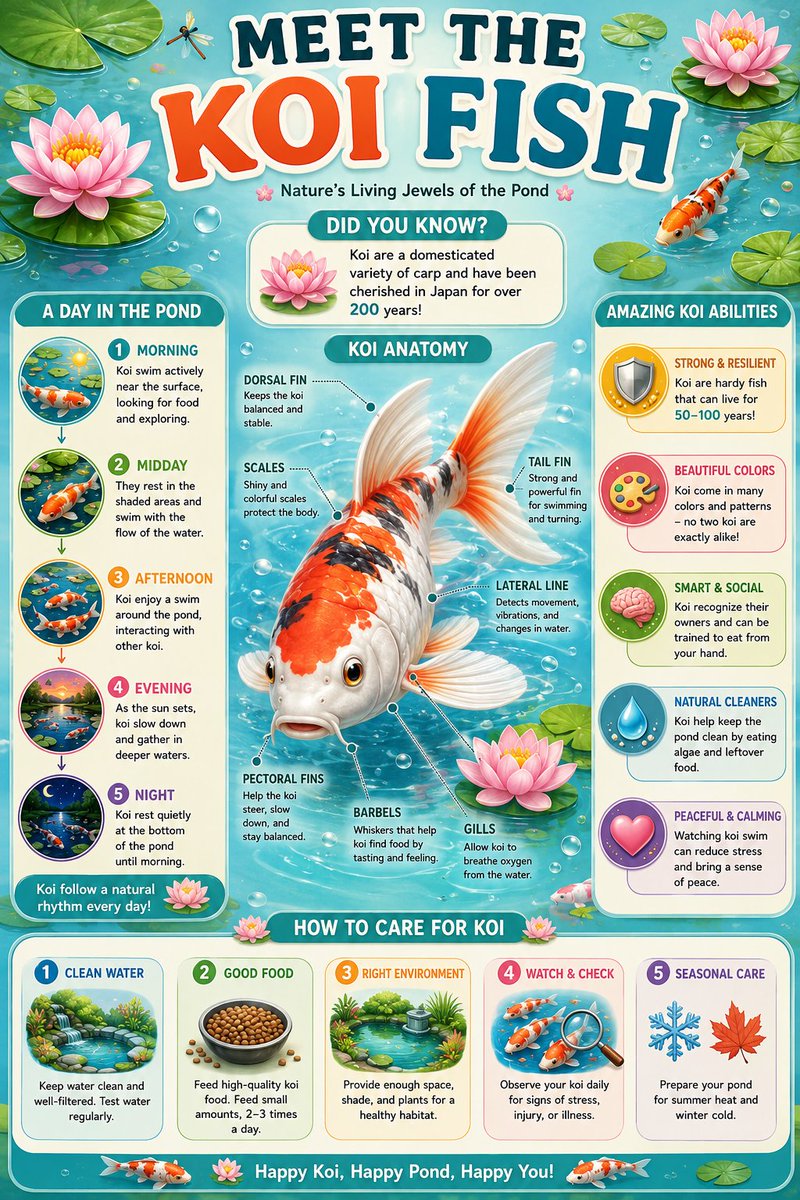 教育信息图海报，标题为"认识锦鲤"（MEET THE KOI FISH）。一条友好的超写实3D锦鲤，长着富有表现力的眼睛、闪烁的彩色鳞片和飘逸的鱼鳍，在漂浮的睡莲叶、荷花和轻柔的水波纹环绕下游...