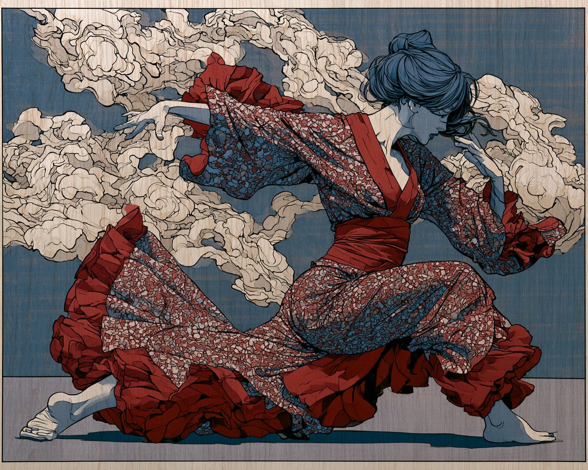 [主体] 作为日本浮世绘木刻版画，大胆平涂色块，细腻黑色轮廓线，可见木纹质感，飘渺雾气，柔和靛蓝与朱红配色，传统构图，细节丰富 --ar 5:4 --v 8.1 #promptshare #m...