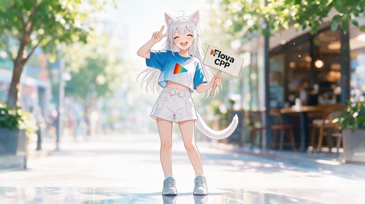 image_1 左手举着一个写着 "Flova CPP," 的牌子。她右手比着剪刀手（和平手势），露出牙齿开心地笑着。氛围超级可爱。夏日活力。色彩鲜艳。背景虚化光斑（Bokeh）。轻微的镜头眩...