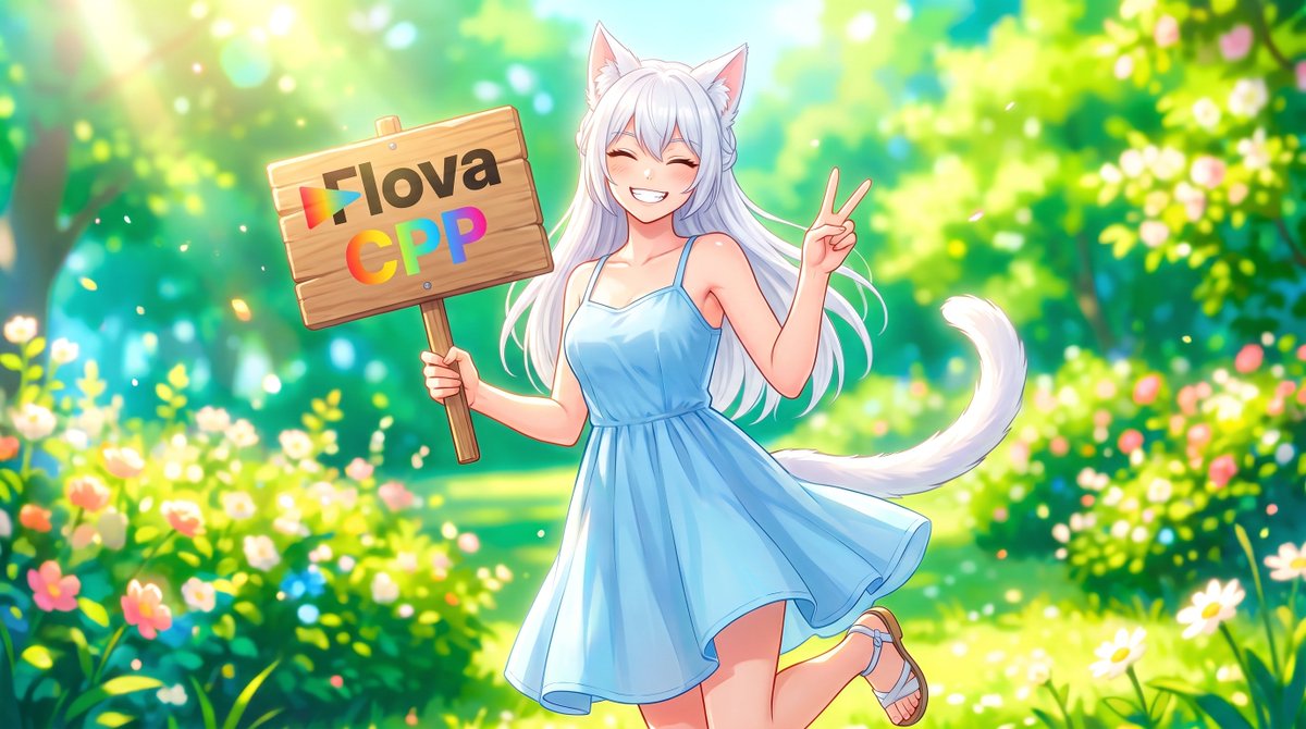 image_1 左手举着一个写着 "Flova CPP," 的牌子。她右手比着剪刀手（和平手势），露出牙齿开心地笑着。氛围超级可爱。夏日活力。色彩鲜艳。背景虚化光斑（Bokeh）。轻微的镜头眩...