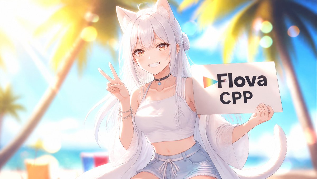 image_1 左手举着一个写着 "Flova CPP," 的牌子。她右手比着剪刀手（和平手势），露出牙齿开心地笑着。氛围超级可爱。夏日活力。色彩鲜艳。背景虚化光斑（Bokeh）。轻微的镜头眩...