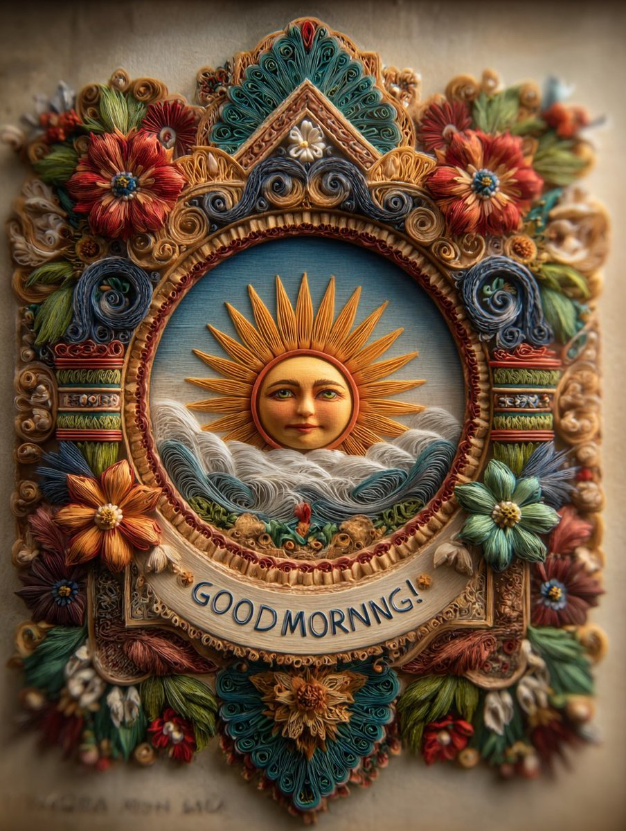 创作一幅大胆奇趣的 Wycinanki 波兰剪纸民间艺术插画，采用传统对称、极具装饰性的风格。画面中央是一轮日出，其圆润的造型被精细镂空，内含层层叠叠的清晨纹样、卷曲的"GOOD MORNIN...