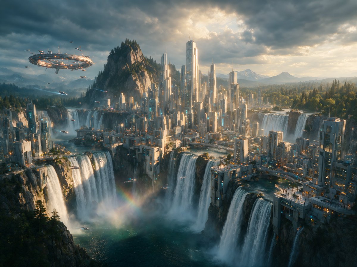 在 Seedream 5.0 Pro 中生成的“Landscape, Sci-Fi City, Waterfall”（风景、科幻城市、瀑布）。在我看来效果非常惊艳。https://t.co/E...