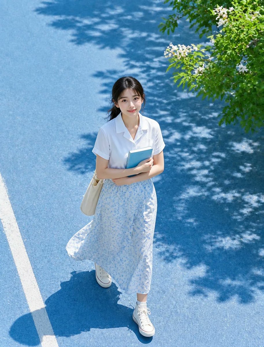 主体与人物 一位成年女性走在明亮的蓝色人行道上，全身构图，人物占据画面底部中央约35%。黑色中长发低马尾，薄刘海与脸侧碎发在微风中轻柔飘动。面部...