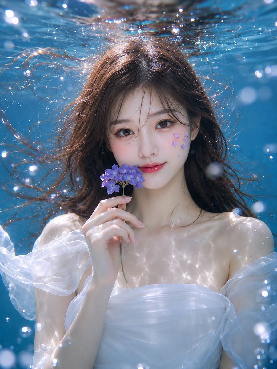GPT Image 2 on ChatGPT Prompt: 超写实水下美妆编辑人像：一位美丽的年轻东亚女性置身于清澈透明的工作室水箱内，上半身特写，居中构图，直视镜头，神态宁静空灵。自然的椭...