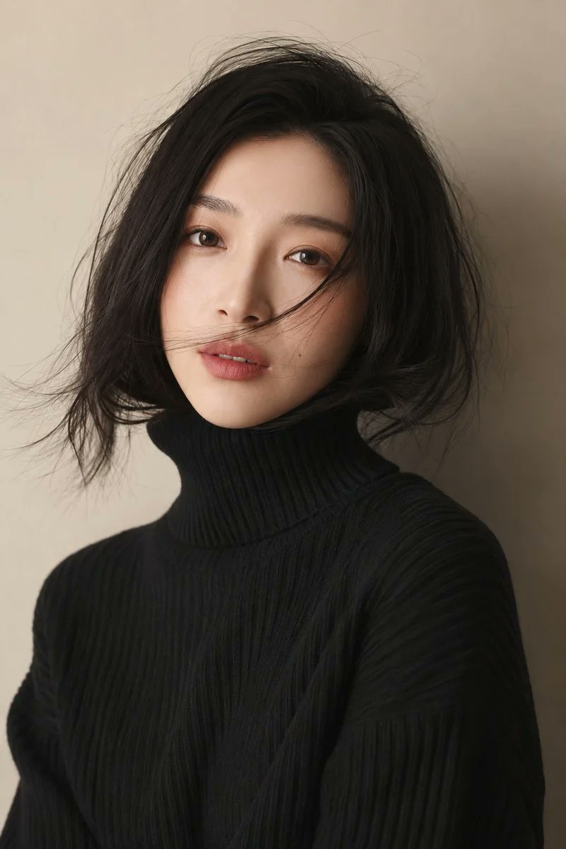 创建一张写实风格的竖版近景时尚美妆人像照片，采用柔和、极简的风格，适合室内拍摄。画面中是一位东亚地区的成年女性，取景范围从她的上半身延伸至头顶；她位于画面中心略偏右的位置，背景为一面暖米色的墙...