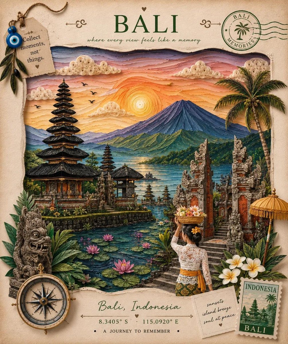 创建一幅优雅的手工制作 3D 纸艺卷纸与分层纸艺旅行海报，主题为 {LOCATION}，采用高级复古剪贴簿风格。运用精细的纸艺卷纸、分层卡纸、精准的剪纸以及压花纸纹理，艺术地再现该目的地最具标...