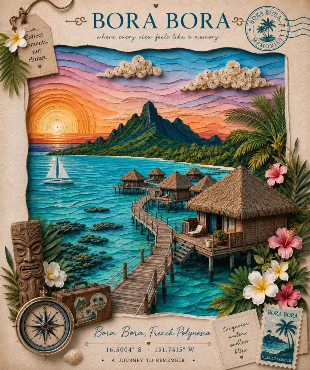 创建一幅优雅的手工制作 3D 纸艺卷纸与分层纸艺旅行海报，主题为 {LOCATION}，采用高级复古剪贴簿风格。运用精细的纸艺卷纸、分层卡纸、精准的剪纸以及压花纸纹理，艺术地再现该目的地最具标...