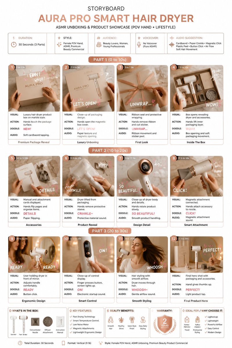 创建一个干净、优质的故事板信息图，用于豪华吹风机的 ASMR 开箱和产品展示视频。 设计规格： 背景： 白色背景，呈现现代、极简的奢华布局。 顶部标题： STORYBOARD（故事板） 以粗体...
