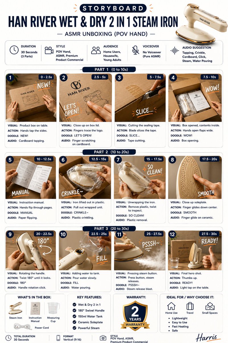 为一个产品 ASMR 开箱视频创建一个简洁、高级感的故事板信息图。 背景: 白色背景，现代极简布局。 标题: STORYBOARD（故事板） 产品: HAN RIVER WET & D...