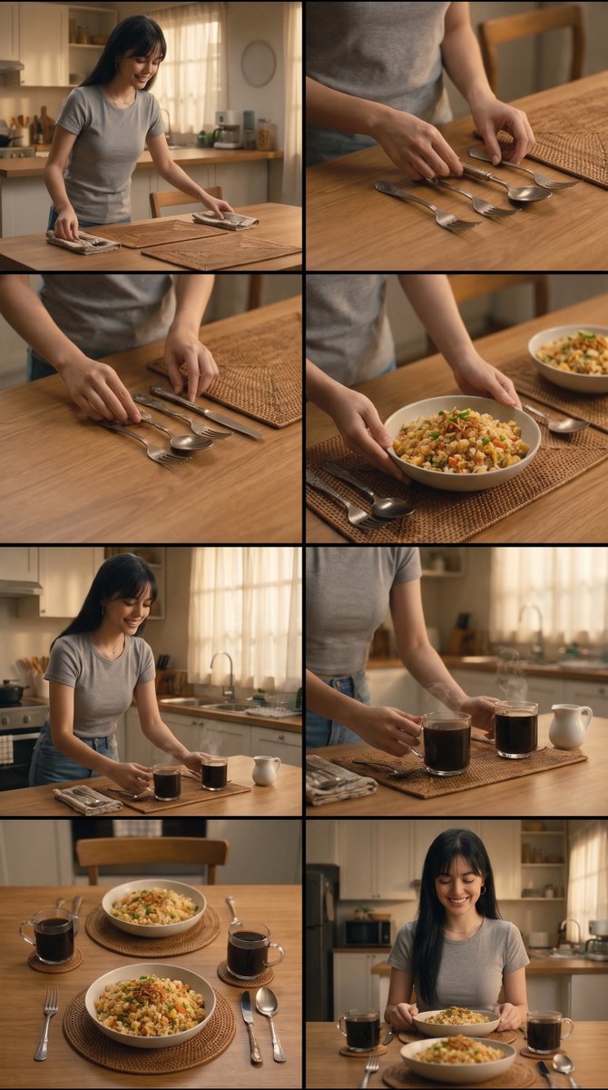 buat gambar cinematic ultrarealistis dengan 6 panel scene storyboard, yang menceritakan karakter...