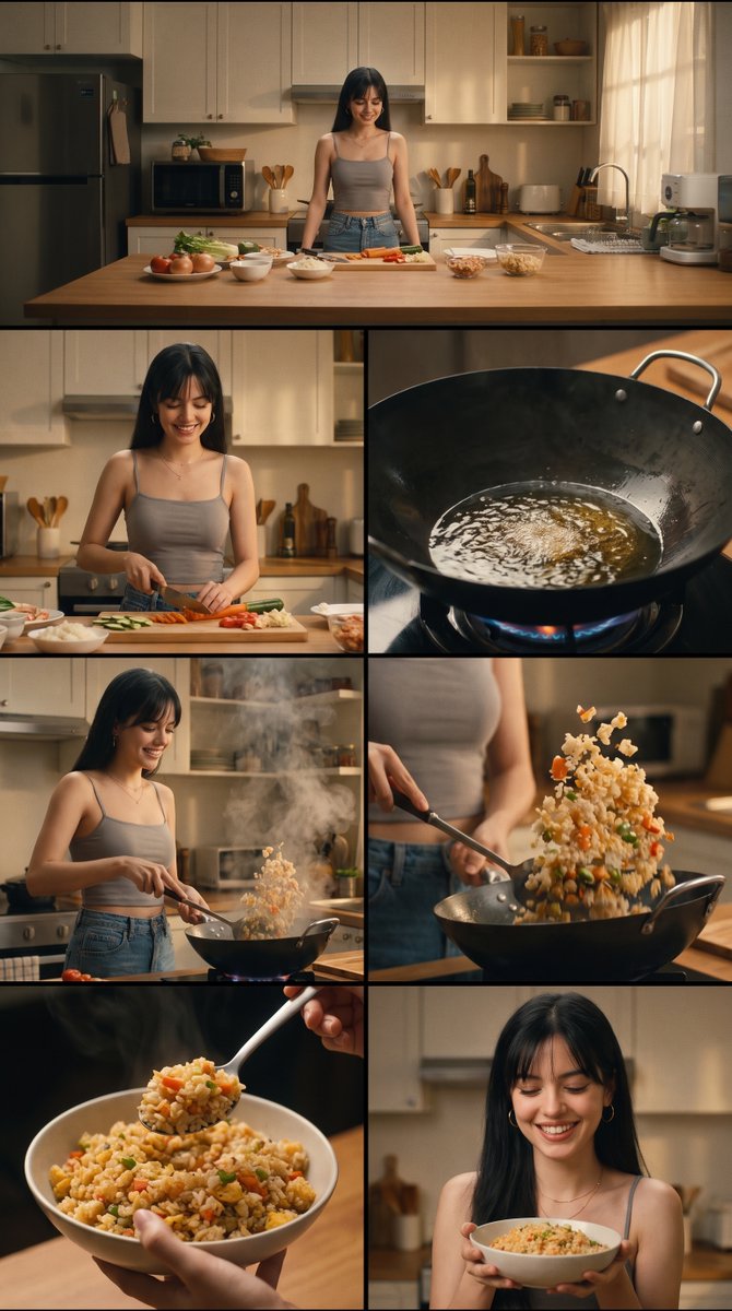 buat gambar cinematic ultrarealistis dengan 6 panel scene storyboard, yang menceritakan karakter...