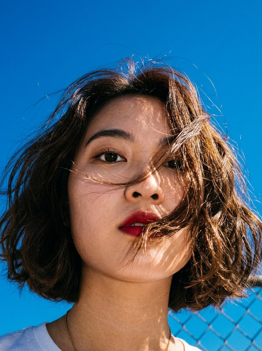 时尚生活方式人像，从极低的地面仰拍角度戏剧性地向上仰望，年轻东亚女性，短波浪波波头发型，风吹动的头发有一缕横过脸颊，一只眼睛与镜头锐利地直接对视，浓烈红唇作为唯一的妆容重点，身着合身白色T恤束...