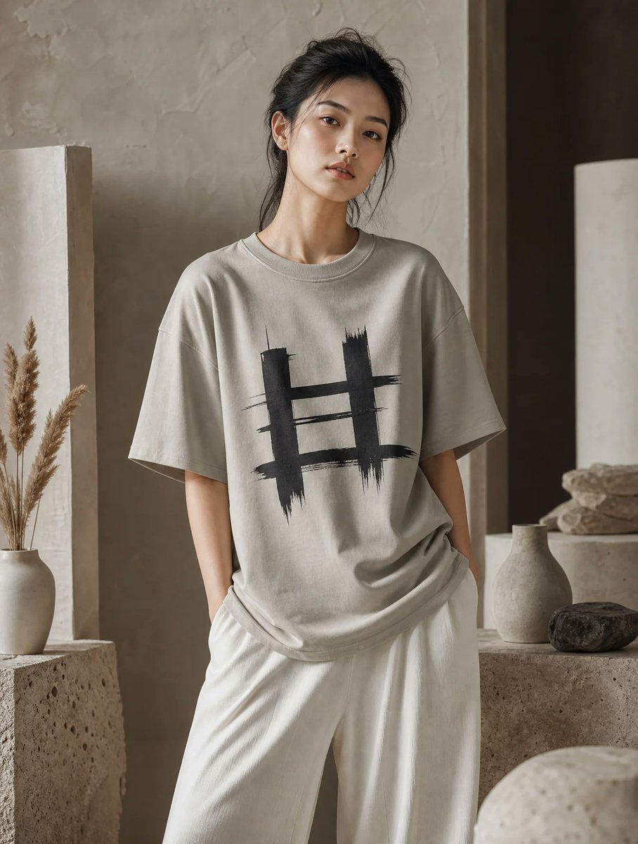 高端编辑级时尚大片，主角为一位22–26岁的年轻女性模特，自然美感，淡妆，黑发后扎，身穿奢华超大号石灰色灰咖色（#B9B5A9）重磅200 GSM棉质圆领T恤，胸前中央饰以极简黑色手绘笔触网格...