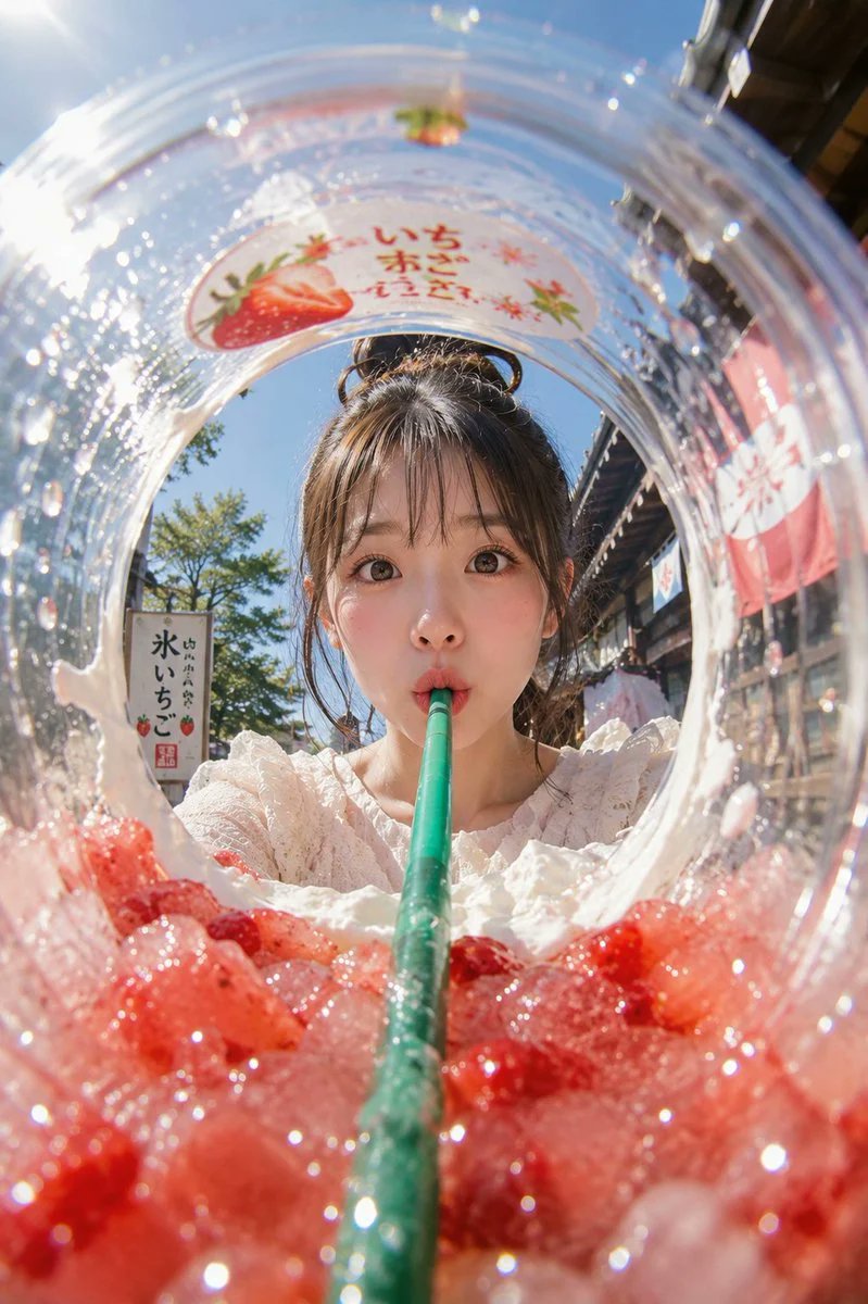 主題： 氷越しの夏 主体： 縦長2:3のリアル写真。透明な大型プラスチックカップの内側から見上げるような超広角フィッシュアイ構図。画面下半分いっぱいに赤いいちご果肉とクラッシュアイスが迫り、中...