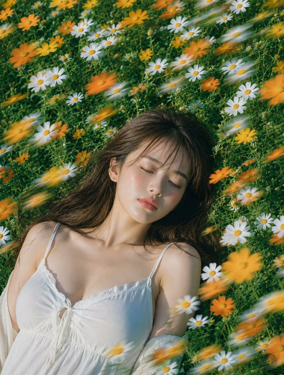 主題： 花風のまどろみ 主体： 縦長4:5の写真風ポートレート。白と黄色のマーガレット、オレンジ色の小花が密に咲く夏の草花畑に、成熟した大人の女性が仰向けで静かに横たわっている。人物は画面下部...