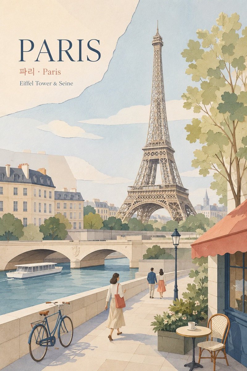 创作一幅精致的长宽比 2:3 竖版“PARIS（巴黎）”插画，采用极简柔和粉彩纸艺拼贴风格，并具备强烈的多视点当代数字绘画感。 呈现明亮柔和的日光。以埃菲尔铁塔作为清晰的主要视觉焦点。围绕铁塔...