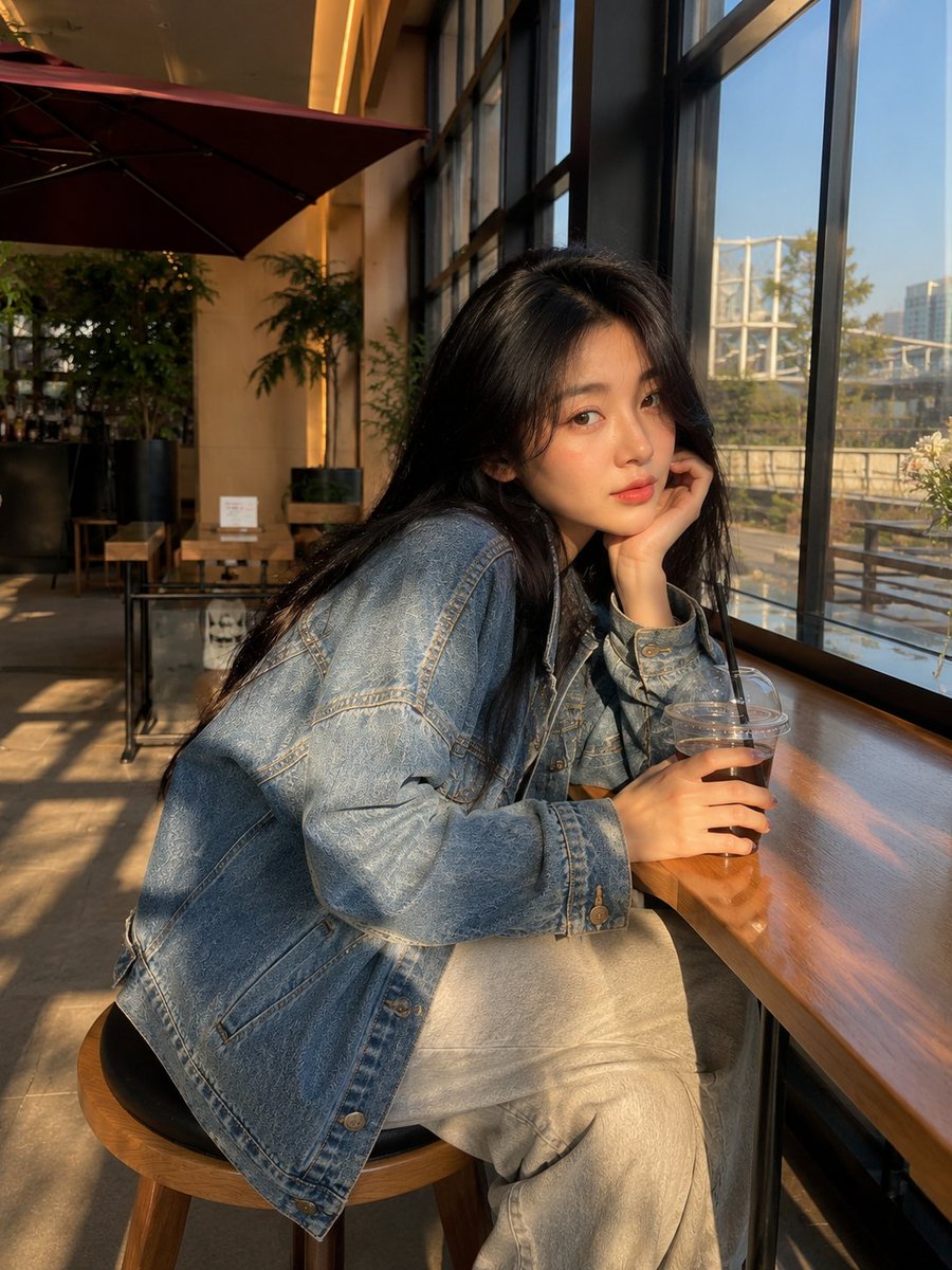 超现实生活风格人像：一位美丽的年轻女子侧身坐在现代室内咖啡馆的木凳上，回头望向镜头，神情平静而略带沉思。乌黑长直发带有柔和光泽，白皙肌肤，淡妆，玫瑰色嘴唇，宽松披垂的超大蓝色牛仔夹克，休闲时尚...