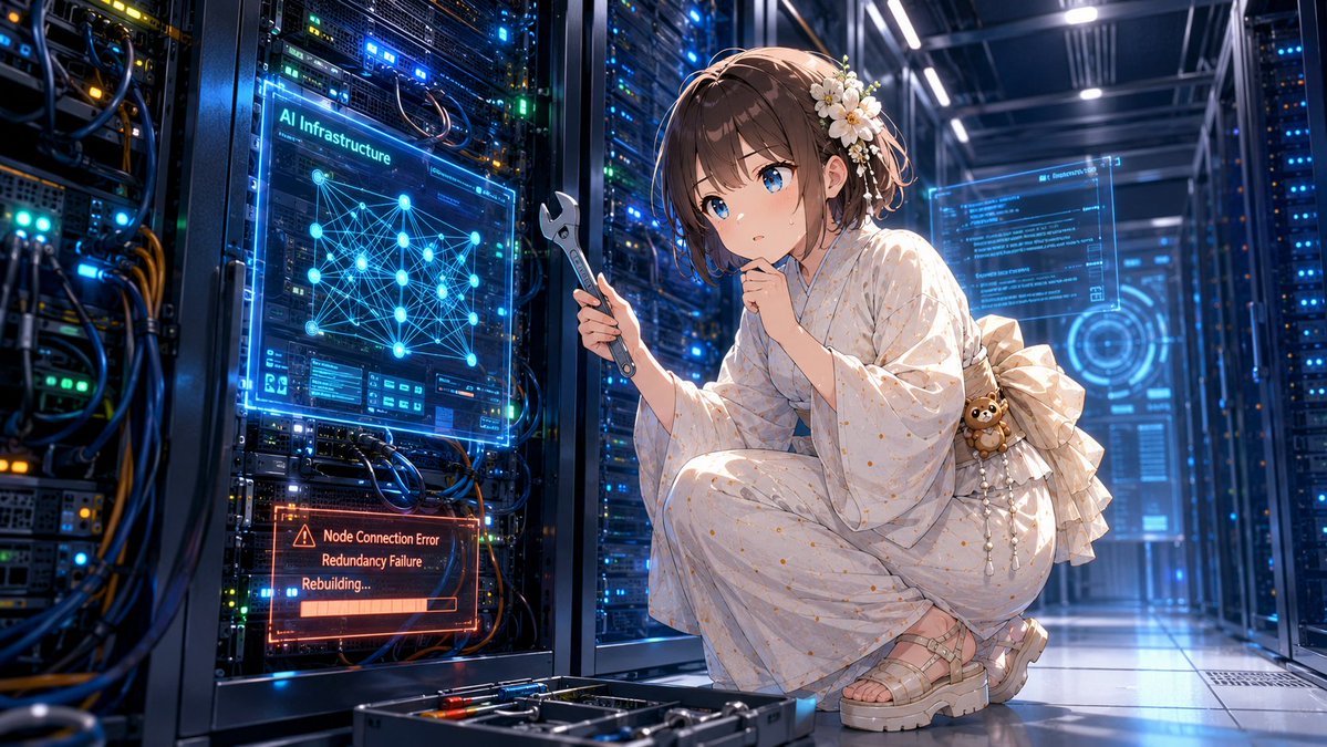 1girl, tanuki girl, in a server room, surrounded by glowing servers and network cables, looking...
