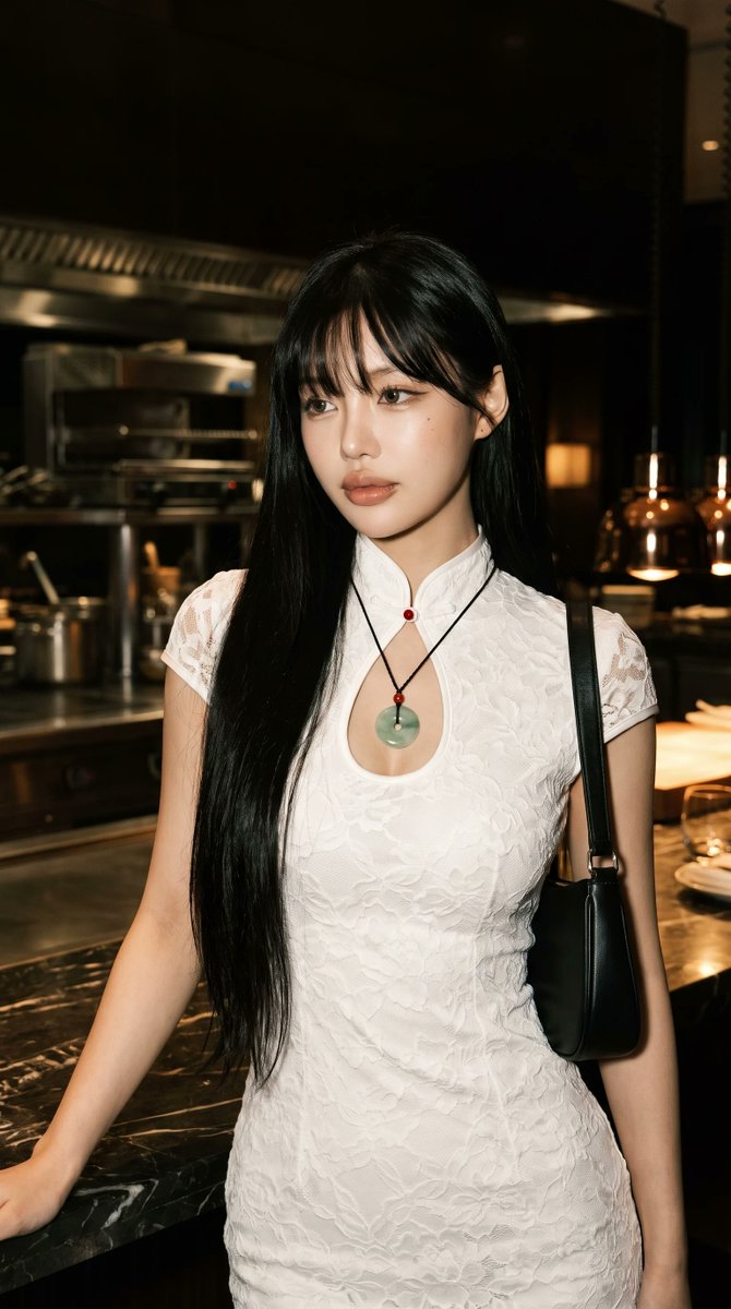 超写实肖像:一位优雅的年轻东亚女性,夜晚站立在一家豪华现代餐厅内。 她拥有一头柔顺如丝的乌黑长发,带有柔和的齐刘海,笔直的发丝垂至腰下;瓷白细腻的肌肤带有微微的自然光泽;精致的杏仁状深棕色眼眸...