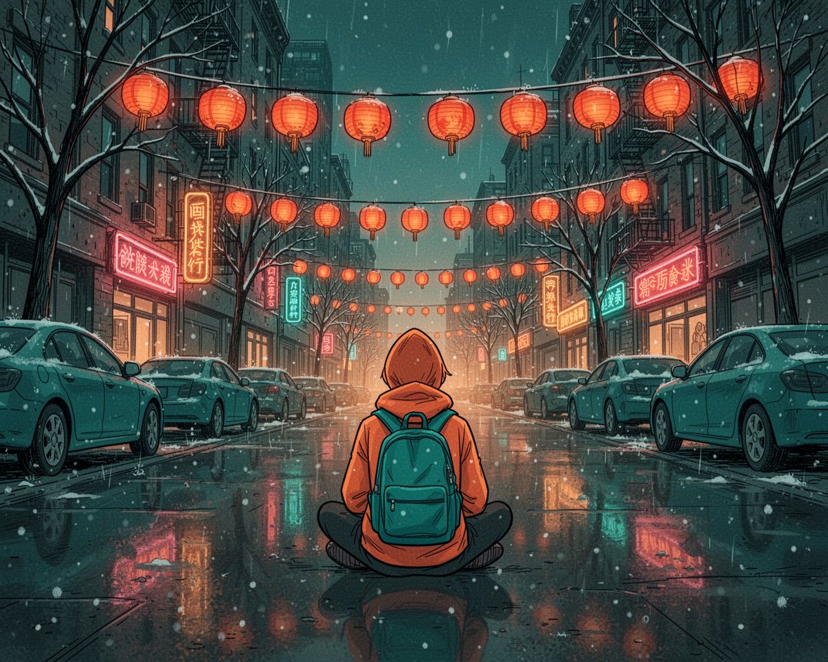 绘本风格的城市夜景插画：一个孤独的年轻人背影，盘腿坐在潮湿的城市街道中央，身穿亮橙色连帽夹克，背着青蓝色双肩包，面向远方灯火通明的大道。街道上空成排悬挂着温暖的红橙色纸灯笼，霓虹店铺招牌密集林...