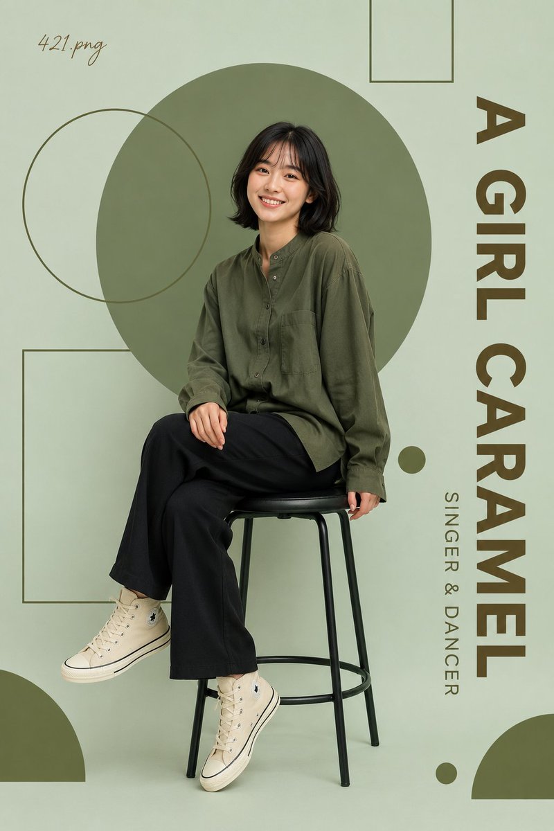 一张高端极简风格的编辑人像海报，画面中一位开朗的年轻女性自然地坐在一把简约的黑色金属凳上，双腿交叉，温暖地朝镜头微笑。她留着柔软的刘海黑色短发波波头，妆容自然，神情放松而友好。她身穿一件宽松的...