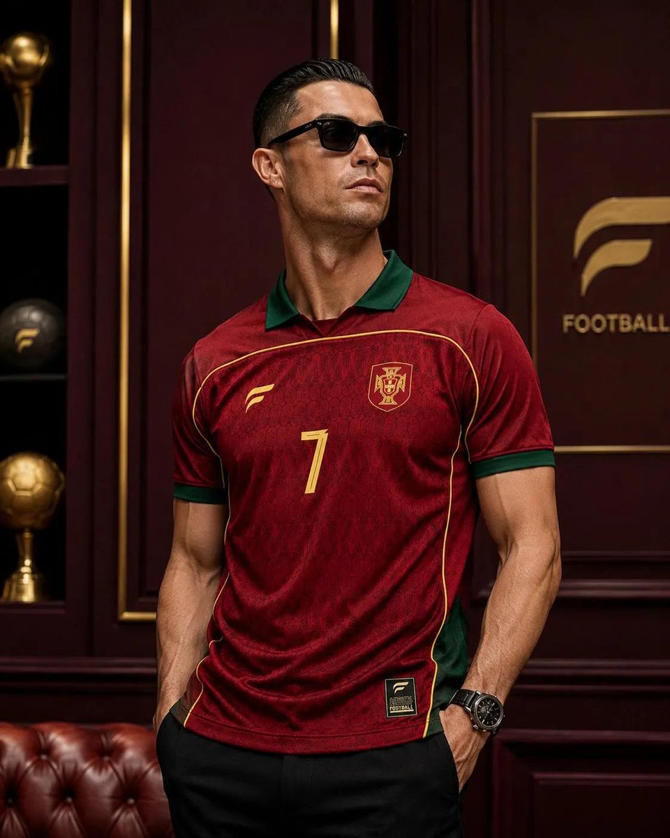 超写实电影级时尚大片，主角为 Cristiano Ronaldo，保留其可识别的面部特征、运动健硕的体格、利落的发型与自信的气场。他佩戴黑色矩形奢华墨镜，身着复古风格的深酒红色葡萄牙足球球衣，...