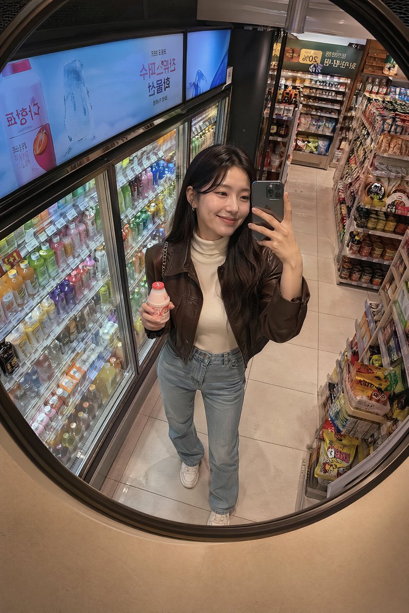 深夜韩国便利店镜面抓拍 创建一张逼真的生活方式照片，透过安装在韩国一家温馨便利店天花板上的一面大型凸面镜拍摄，场景为夜晚。画面中一位时尚的年轻韩国女性从略微抬高的镜面视角被捕捉到，她正在冷藏饮...