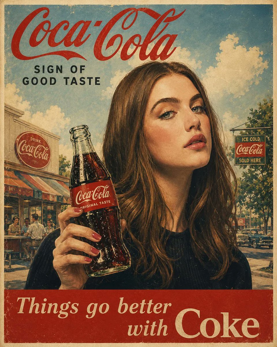 正宗1960年代美国广告海报, [COCA COLA], 复古中世纪商业插画, [woman]手持一瓶冰爽玻璃瓶[COCA COLA], 明快乐观的生活场景, 怀旧的美式风情氛围, 大胆的[C...