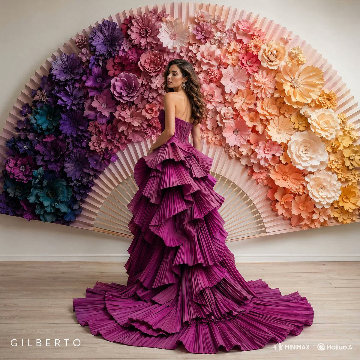 一张全身高端时尚编辑风格影棚摄影作品,画面中一位女性模特身穿一件完全由 [PRIMARY MATERIAL] 制作的先锋高级定制礼服。该礼服呈现 [SILHOUETTE] 廓形,并通过 [ST...