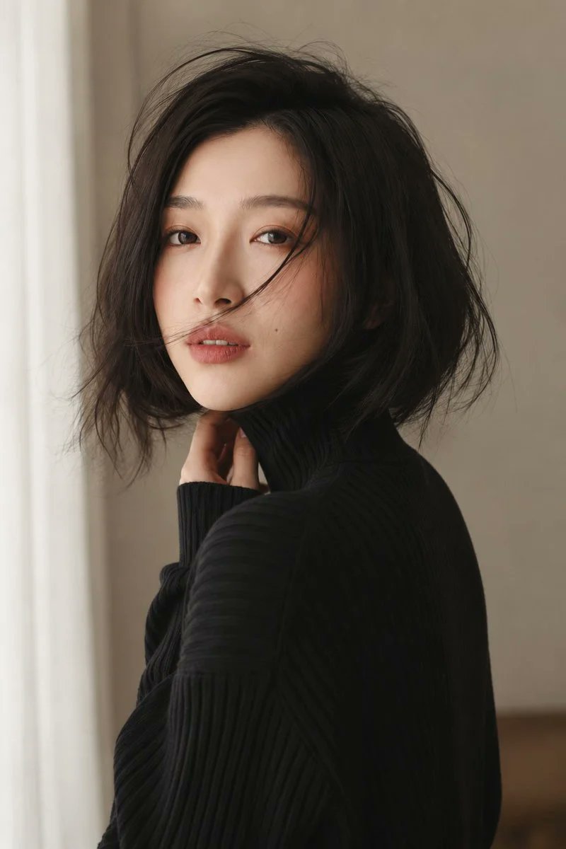 创作一张写实风格的竖版特写美妆时尚肖像，风格柔和极简，适合室内拍摄。画面中是一位东亚成年女性，构图范围从她的上半身延伸至头顶；她位于画面中心略偏右侧，背景为温暖的米色墙面。她以柔和的四分之三侧...