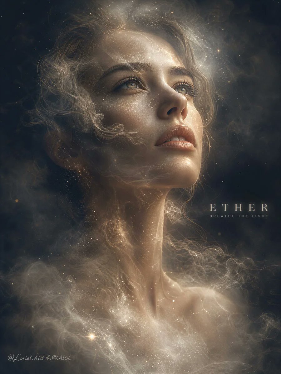 创作一幅超高端电影级社论肖像，呈现一位超逼真的女性，她的面部与身体正和飘渺烟雾、漂浮微尘、柔和星光及流动的半透明薄雾完美融合。图像须营造出梦幻感、情感张力与视觉沉浸感，具备极致写实效果、明亮氛...