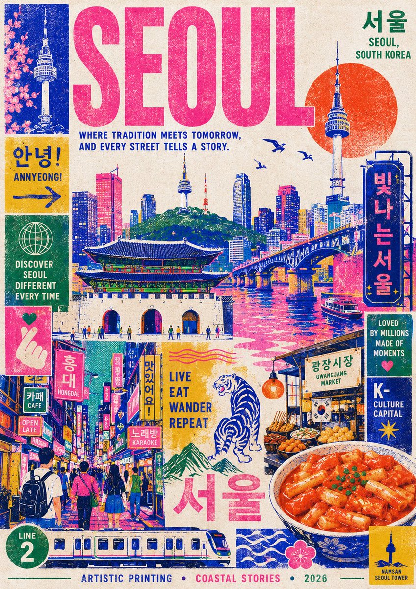创作一张时尚现代的迪拜旅行海报，灵感源自孔版印刷（riso）风格。使用简洁的插画图像表现这座城市：广安大桥、海浪、海鸥、海滩遮阳伞、市场里的鱼篓、霓虹灯街牌以及一些小型抽象装饰人物。打造一张大...