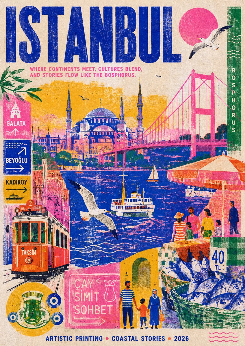 创作一张时尚现代的迪拜旅行海报，灵感源自孔版印刷（riso）风格。使用简洁的插画图像表现这座城市：广安大桥、海浪、海鸥、海滩遮阳伞、市场里的鱼篓、霓虹灯街牌以及一些小型抽象装饰人物。打造一张大...