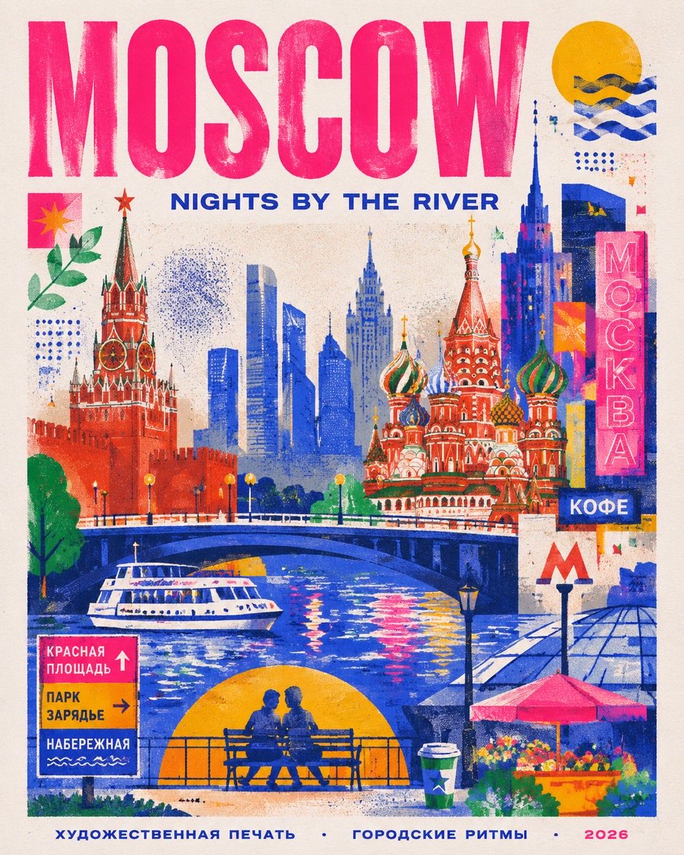 创作一张时尚现代的迪拜旅行海报，灵感源自孔版印刷（riso）风格。使用简洁的插画图像表现这座城市：广安大桥、海浪、海鸥、海滩遮阳伞、市场里的鱼篓、霓虹灯街牌以及一些小型抽象装饰人物。打造一张大...