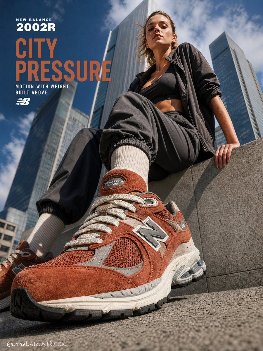 通用体育广告,网红风格,廉价街头服饰营销活动,错误的 New Balance 鞋型,仿造厚底运动鞋,塑料材质,劣质麂皮质感,薄弱的网面细节,拥挤的城市街道,过多道具,混乱的交通,幼稚的姿势,糟...