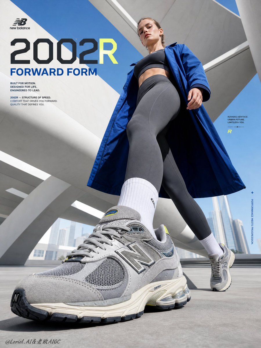 通用体育广告,网红风格,廉价街头服饰营销活动,错误的 New Balance 鞋型,仿造厚底运动鞋,塑料材质,劣质麂皮质感,薄弱的网面细节,拥挤的城市街道,过多道具,混乱的交通,幼稚的姿势,糟...