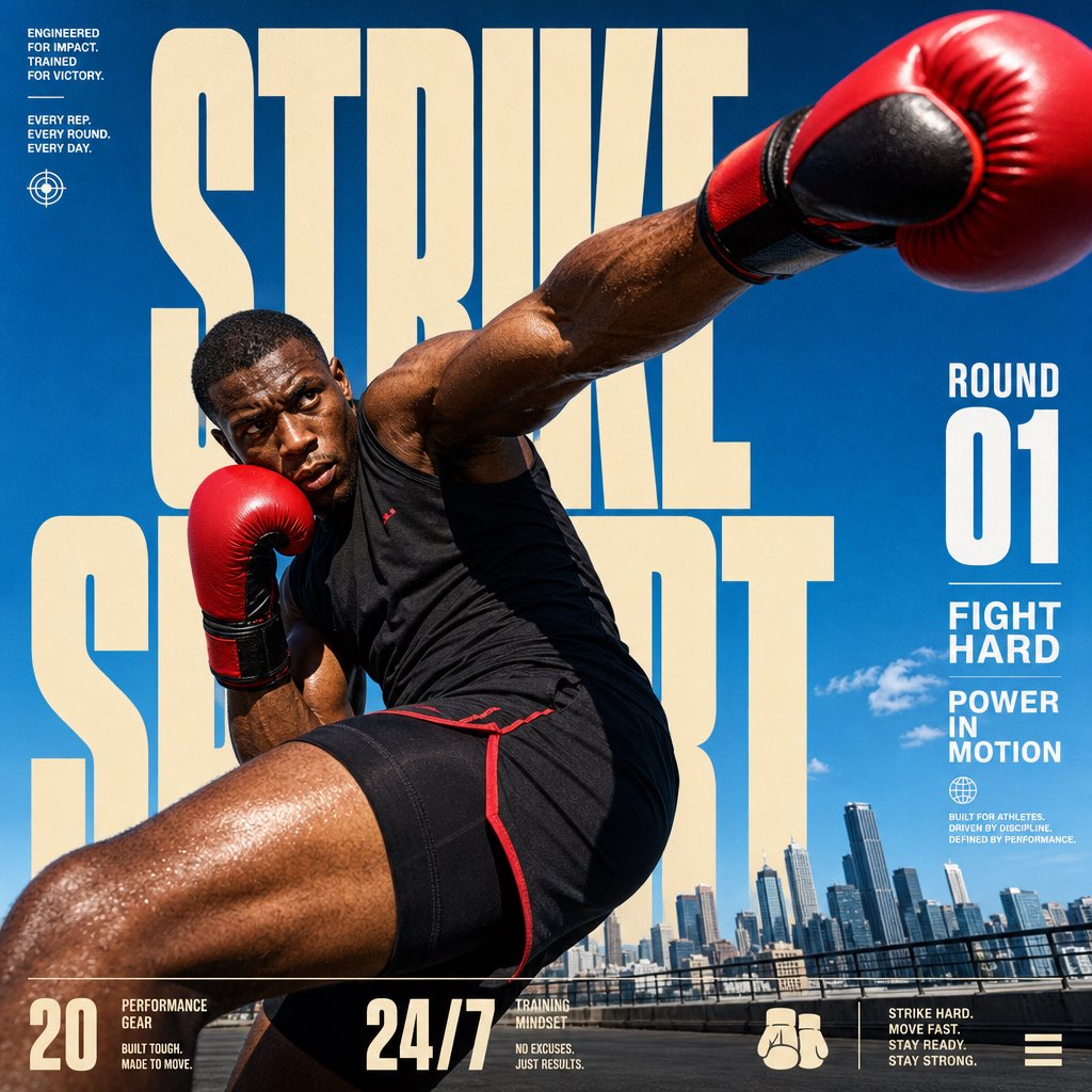 为STRIKE SPORT创建一张4:5全出血版编辑动感海报。该品牌的视觉识别必须具备以下可见特征：一张明亮的户外照片，开阔晴朗的天空占据画面大部分区域；巨大的暖奶油色超压缩粗体字母被画布裁切...