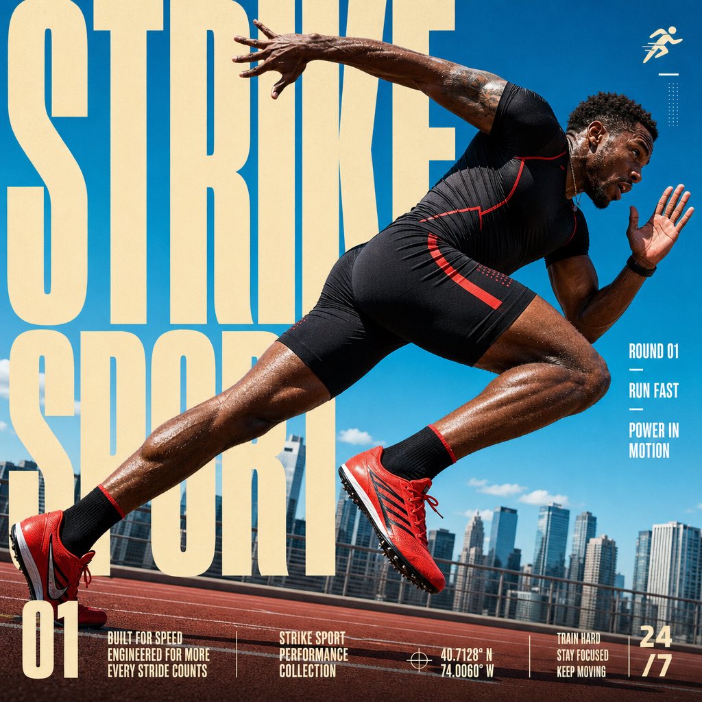 为STRIKE SPORT创建一张4:5全出血版编辑动感海报。该品牌的视觉识别必须具备以下可见特征：一张明亮的户外照片，开阔晴朗的天空占据画面大部分区域；巨大的暖奶油色超压缩粗体字母被画布裁切...