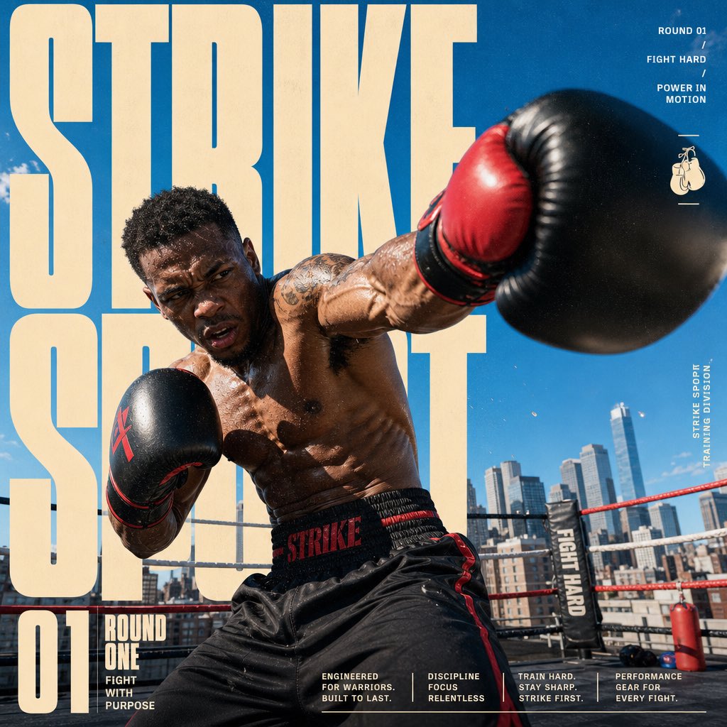 为STRIKE SPORT创建一张4:5全出血版编辑动感海报。该品牌的视觉识别必须具备以下可见特征：一张明亮的户外照片，开阔晴朗的天空占据画面大部分区域；巨大的暖奶油色超压缩粗体字母被画布裁切...