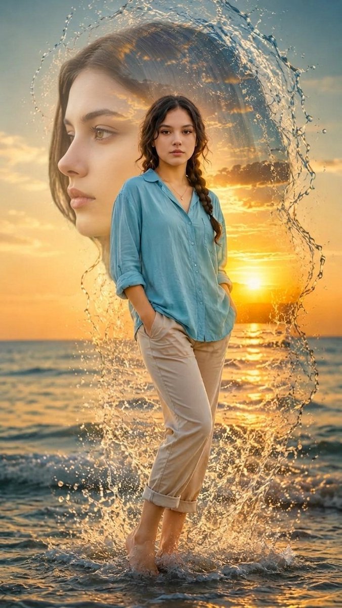 一幅美丽、超现实的双重曝光人像，主体为来自 image_1.png 的年轻女子。场景设定在宁静的海滩日落时分（黄金时刻），太阳低悬于地平线之上，在天空与海面营造出温暖的金色与橙色光辉。女子赤脚...