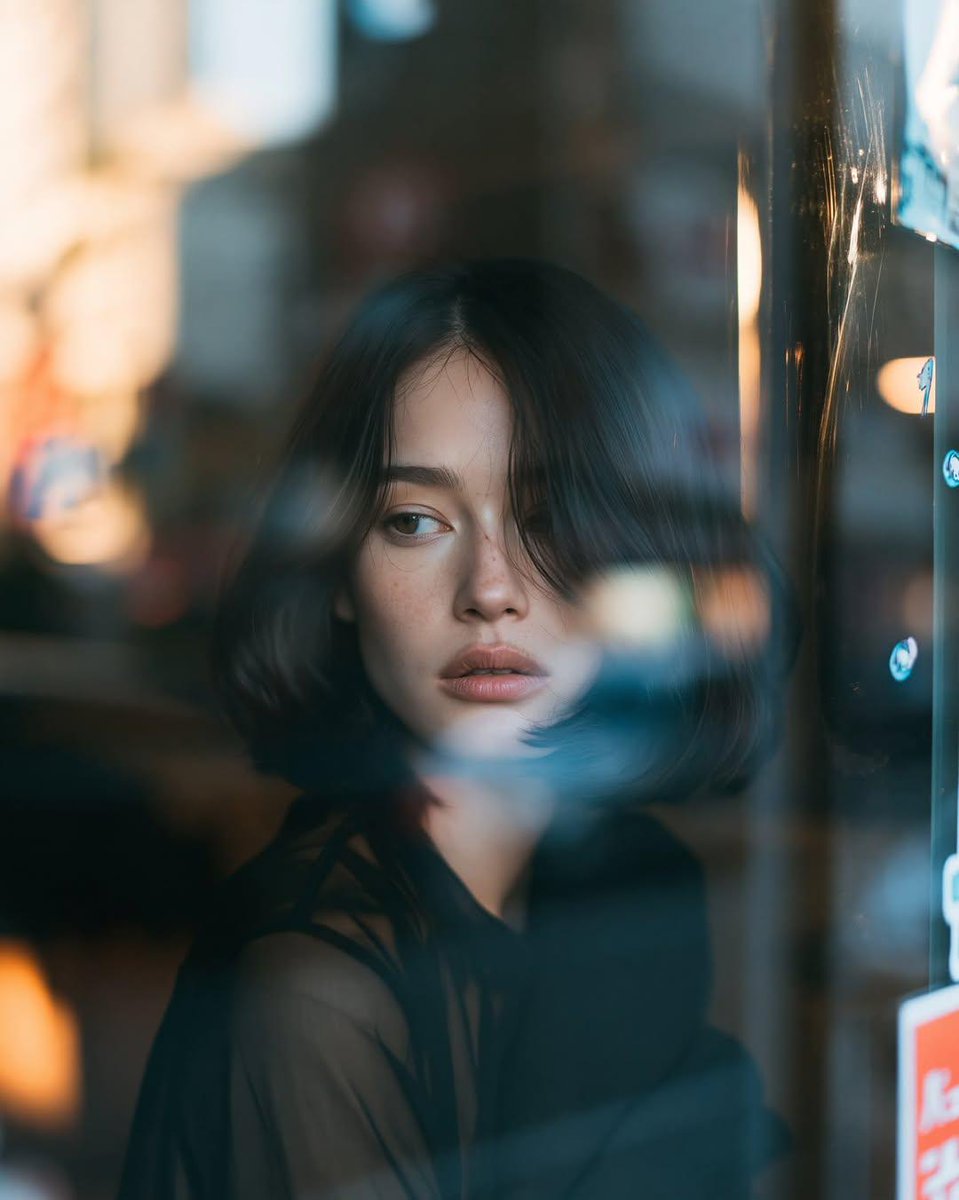 超电影感特写人像：一位年轻女子坐在幽暗的都市咖啡馆内，从室外隔着一块大反光玻璃窗拍摄。她留着利落的齐肩黑色中分波波头，柔软碎发自然垂落在脸颊，肤色白皙真实，带有淡淡的雀斑，浅绿灰色眼睛，柔软自...