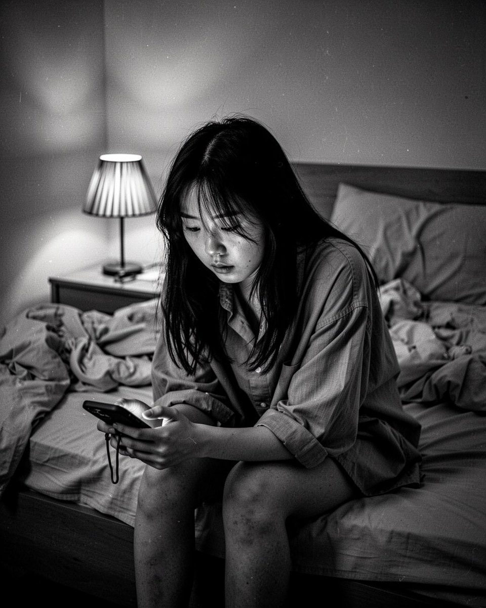 黑白电影感特写人像,85mm f/1.4,一位二十出头的年轻东亚女性坐在昏暗卧室一张未整理的床沿,身体微微前倾,双肘撑在膝上,一手松松握着手机,深色长发垂落遮住半边脸,身穿一件宽松肥大的男款衬...